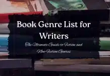 Book Genre List: The Ultimate Guide to Fiction and Non-Fiction Genres A stack of books with a dark overlay displaying the text "Book Genre List for Writers" and the subtitle : The Ultimate Guide to Fiction and Non-Fiction Genres.